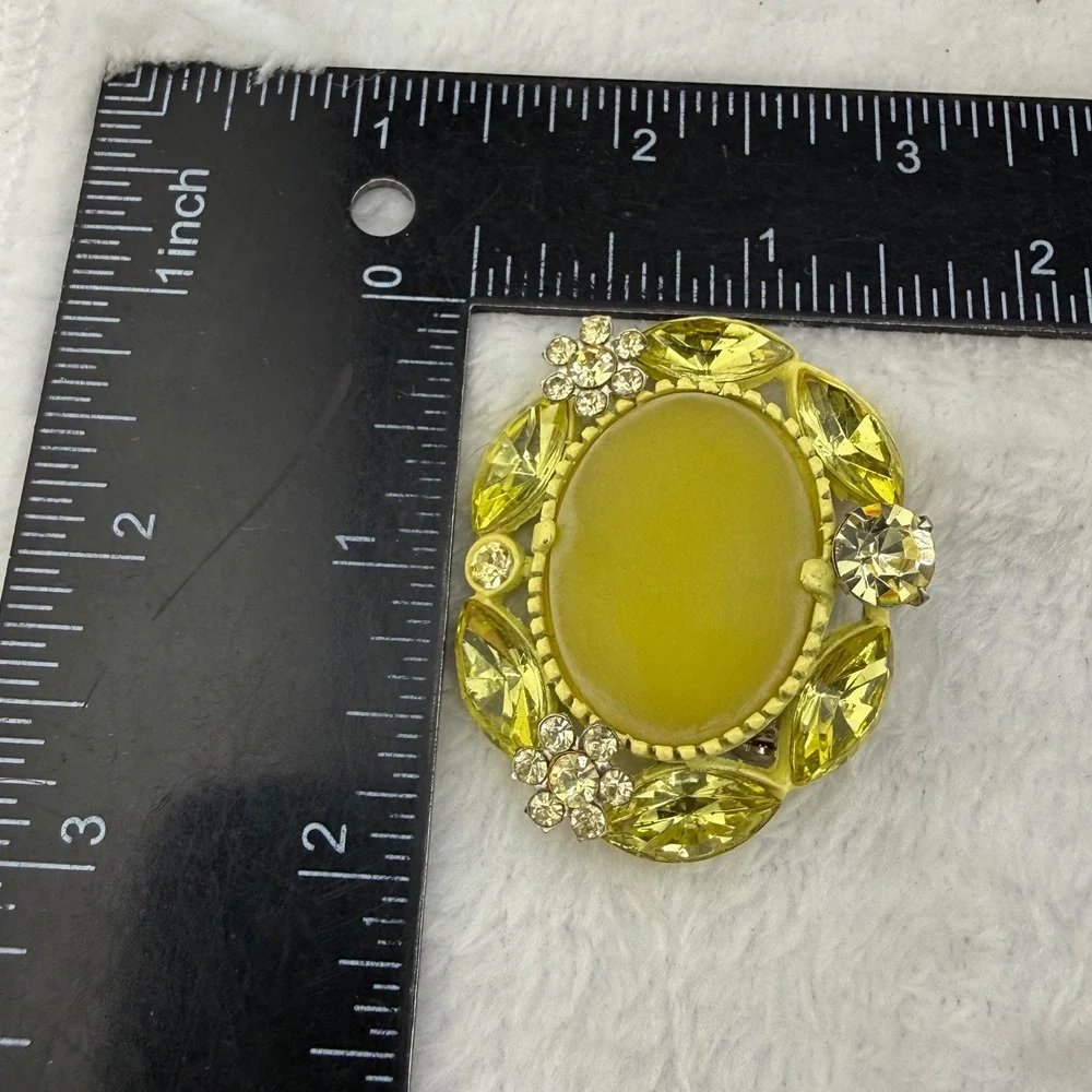 Vintage Brooch Yellow Enamel Rhinestone Floral Oval Pin